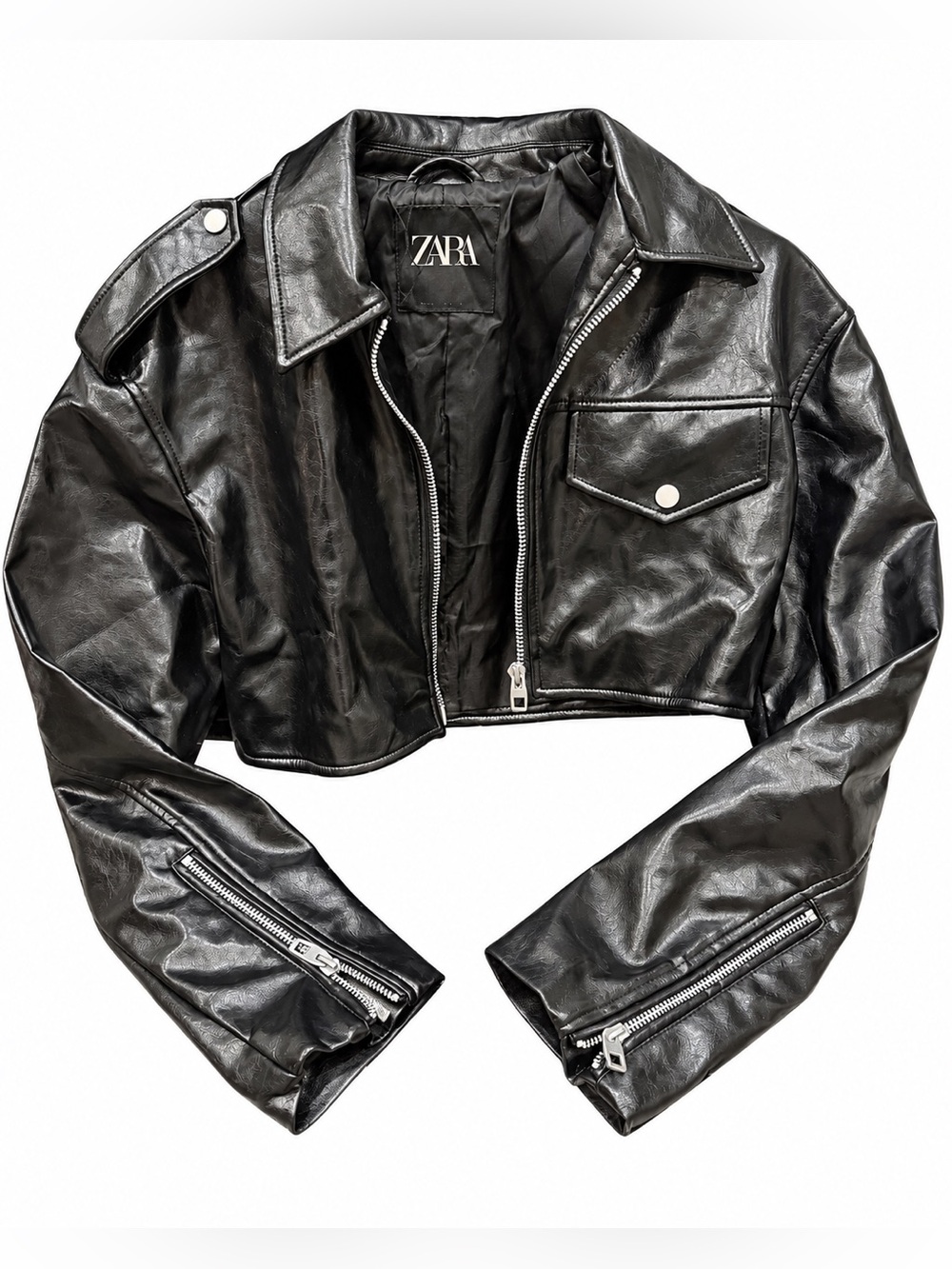 Zara black faux leather cropped moto jacket in excellent condition - Size S